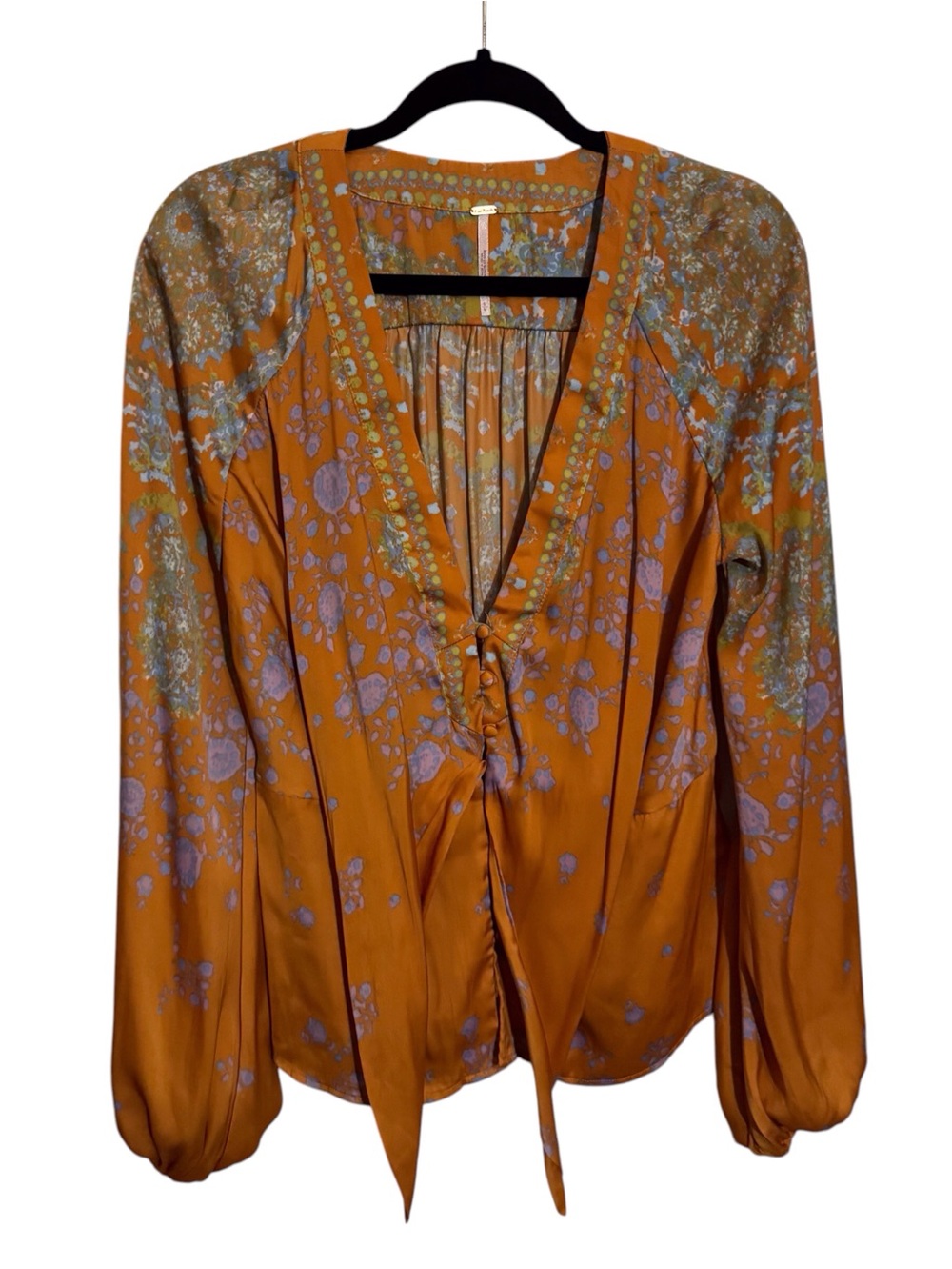 Free People Size Medium Floral Run Free Blouse Boho Western Long Sleeve V-Neck